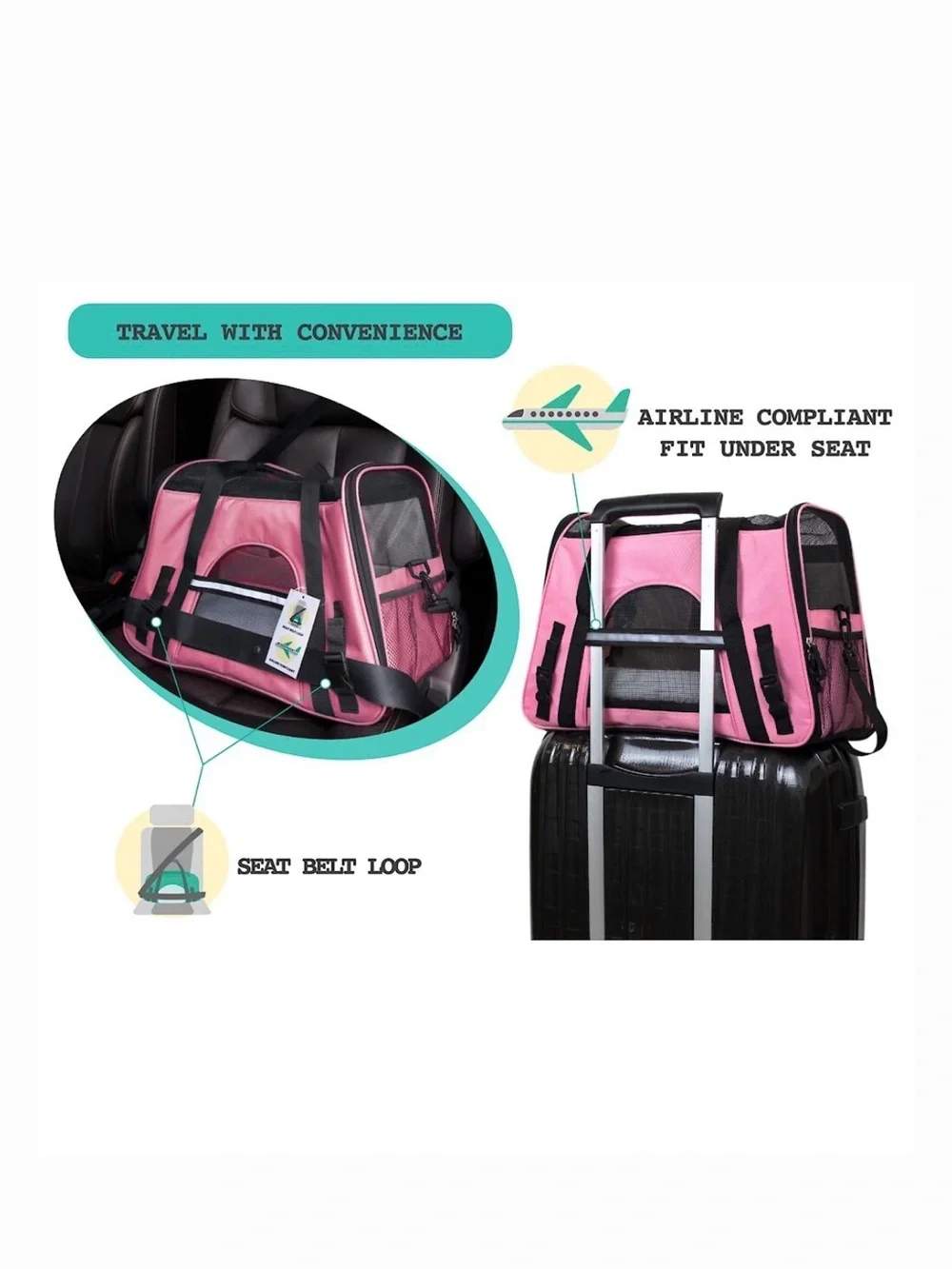 PetAmi Pink Small Pet Carrier Tote 11x17x10 with Travel Bowl